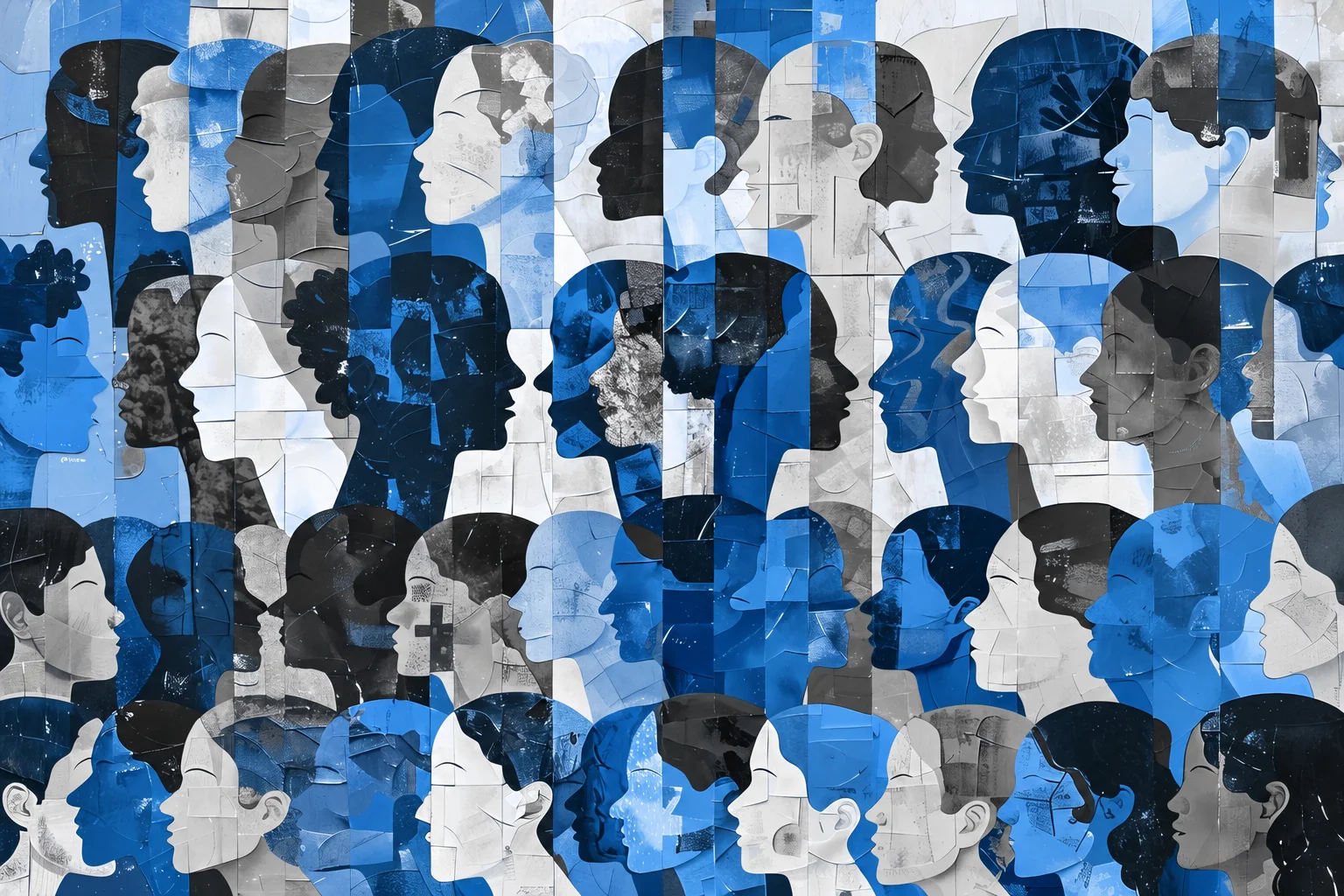Ilustração em colagem com perfis de pessoas em tons de azul e cinza